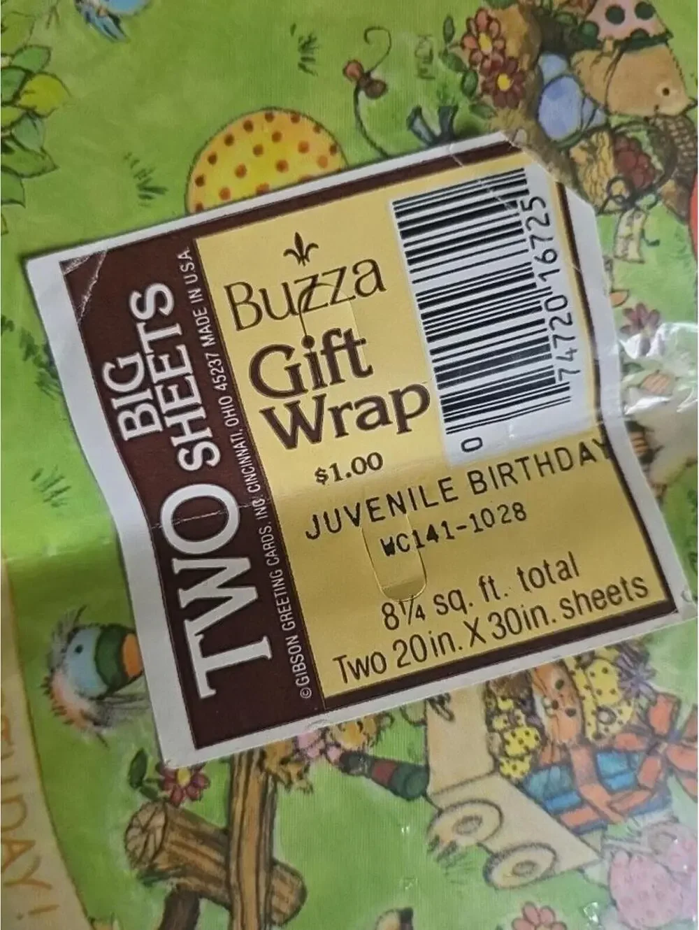 Vintage Buzza Juvenile Birthday Gift Wrap Two Big Sheets 20x30in Animals Green